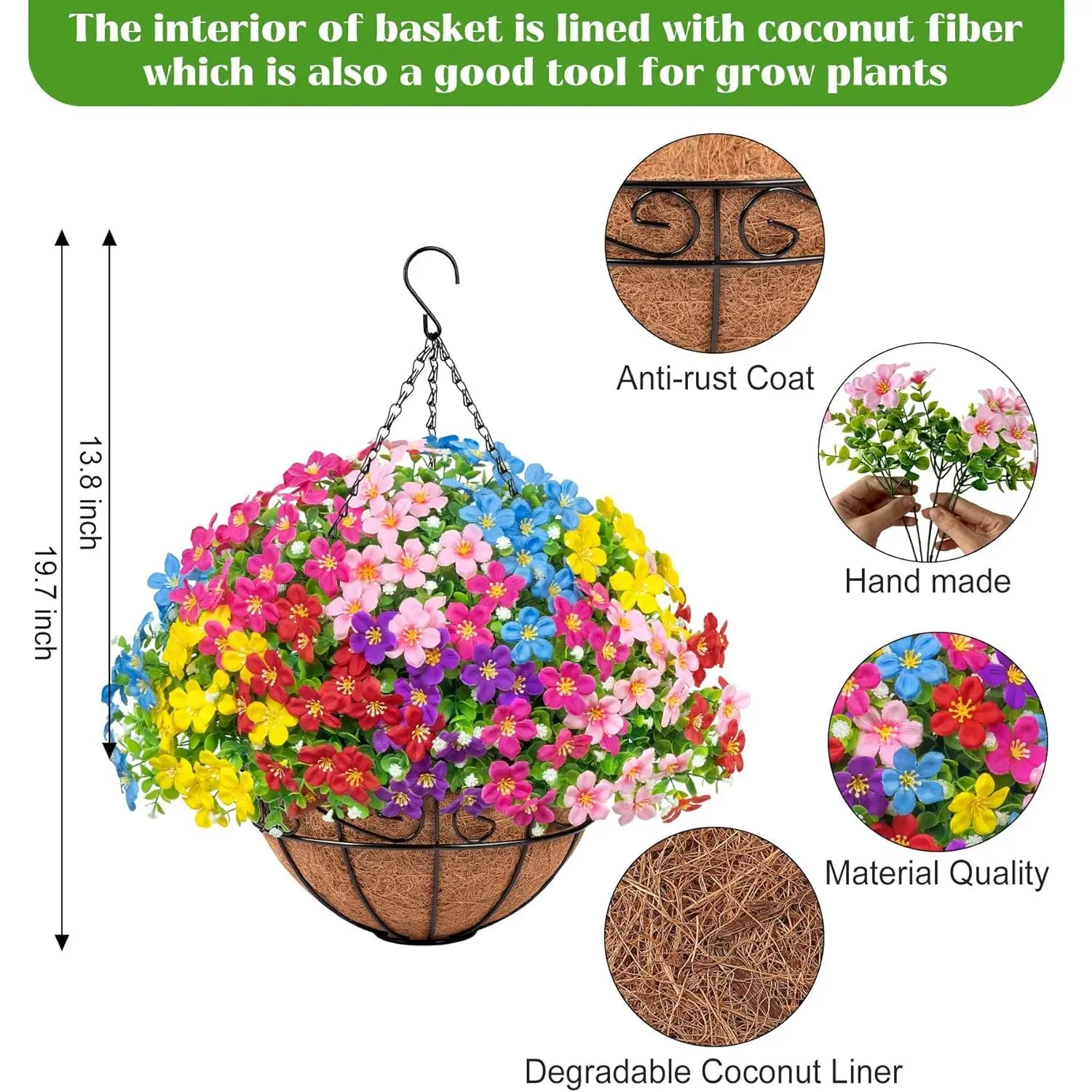 Artificial Hanging Plants Flowers with Basket for Spring Summer Outdoor Decoration, Fake Flowers UV Resistant with Hanging Planter for Front Porch Patio Garden Yard Home Decor, Multicolor