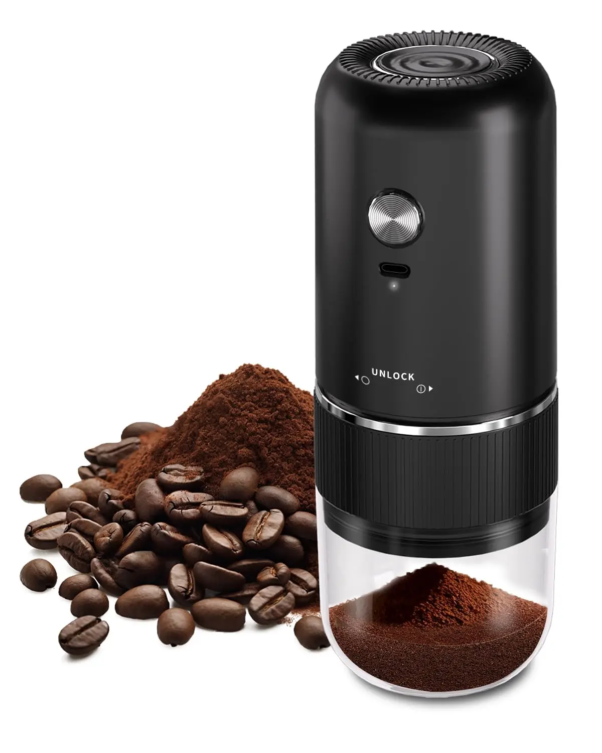 Portable Electric Coffee Grinder，Automatic Coffee Grinder with USB Type-C wireless charging design，Adjustable Coarse to Fine for coffee beans, grains, cleaning brush + cable Includes (black)