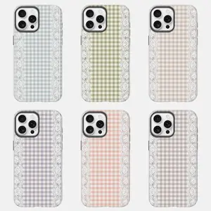 Vintage Gingham Lace Case with White Double-Sided Suction Stand for iPhone 17/16/15/14/13/12 & Samsung Galaxy S25/S24/S23/S22 – Dainty Coquette Pastel Aesthetic, Lace Trim 2-in-1 Shockproof Cover, Perfect for Summer.HY68