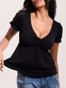 klassy Babydoll Puff Sleeve - Casual Top with Adjustable Tie Closure & Medium Support