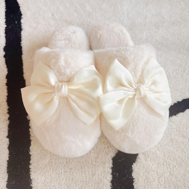 Cute Fluffy Soft Bow Slippers - Fur Cozy Lounge Slippersfor Women With Satin Bow Design Comfortable Home Wear Flipflop Slide Footwear