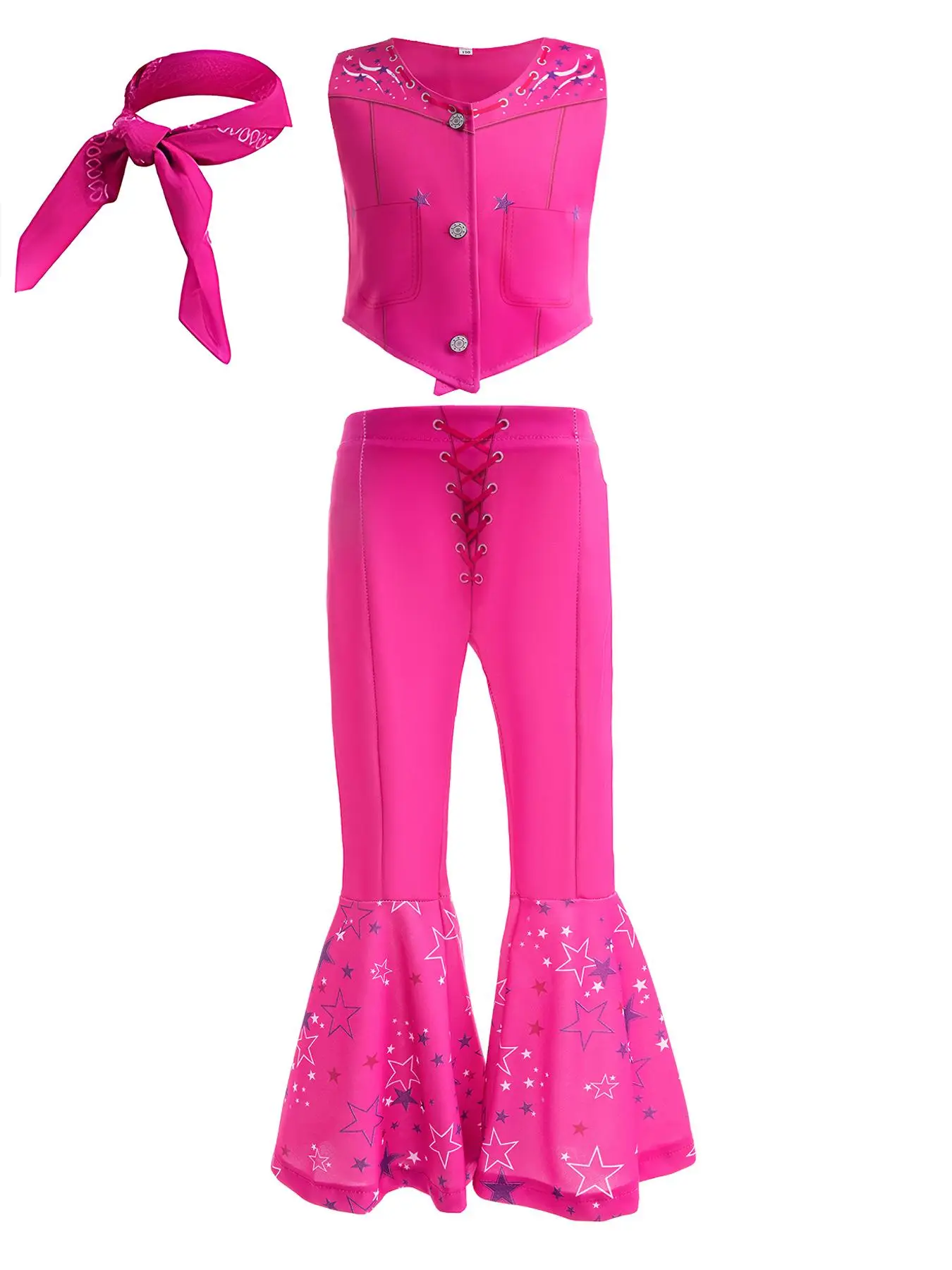 Girl's Costume Set, Star Print Button Front Vest Jacket & Bell Bottom Pants & Scarf Set, Kids Role Play Clothes Set for Party Holiday