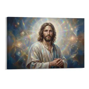 Caucasian Jesus Canvas Painting - Oil Style, Colorful Divine Light & Halo, HD Canvas Print, Religious Home/Church Decor for Easter/Christmas, Vibrant Rainbow Art