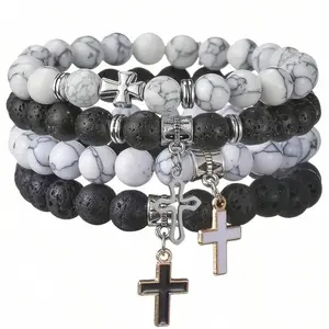 Retro fashion stone bead cross pendant and bead bracelet set, casual daily wear, diamond bracelets for boyfriends, couples, fathers, and sons, women's fashion hip-hop chain stackable fashion jewelry, ideal Christmas gift, Arizona necklace star charm