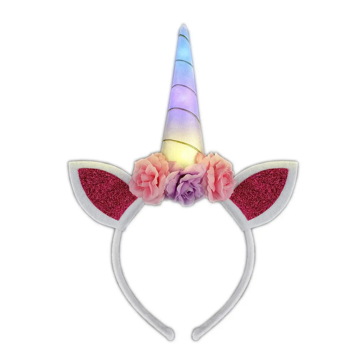 LED Lights Rainbow Blinking Color-Change Unicorn Horn Flower Headband, Fashion Hair Accessory