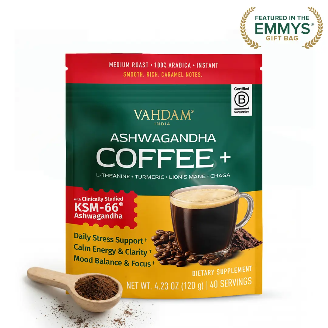 VAHDAM KSM-66 Ashwagandha Coffee | Premium Arabica Instant Coffee with 95% Curcuminoids Turmeric | Lion's Mane & Chaga Mushrooms | 40 Servings | Clinically Proven for Stress Relief & Focus