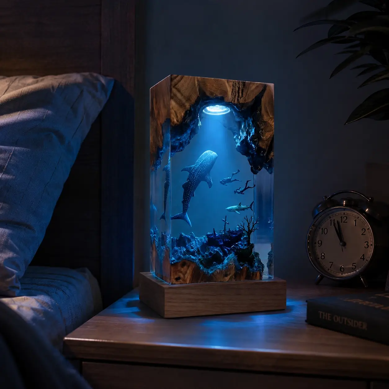 Whale Shark Resin Lamp, Handmade Ocean Resin Art, Deep Sea Aquarium Diorama, Epoxy Resin Decorative Lamp, Wooden Base Home Decor, Marine Life Sculpture, Coastal Desk Decoration, Unique Ocean Gift, Collectible Resin Artwork