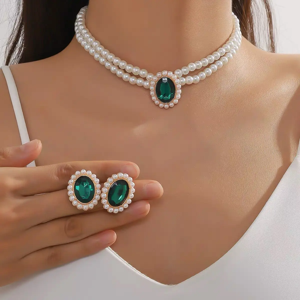 2pcs/set Double-layer Imitation Pearl Oval Heart Pendant Necklace Earrings set Women Elegant Fashion Jewelry Set