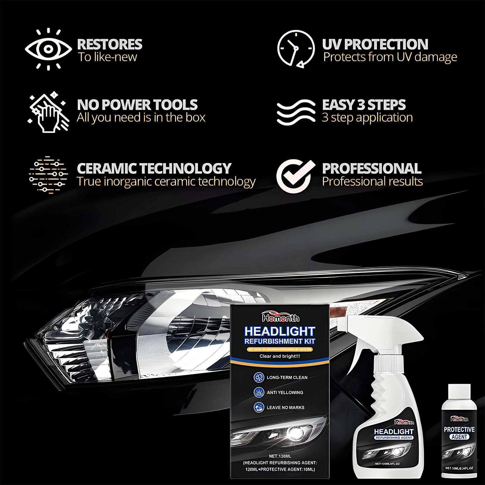 Headlight Cleaner Spray & Restoration Kit – Instantly Restores Cloudy & Yellowed Headlights – Fast Oxidation Removal with UV Protection – No Rubbing Needed – Fits All Cars
