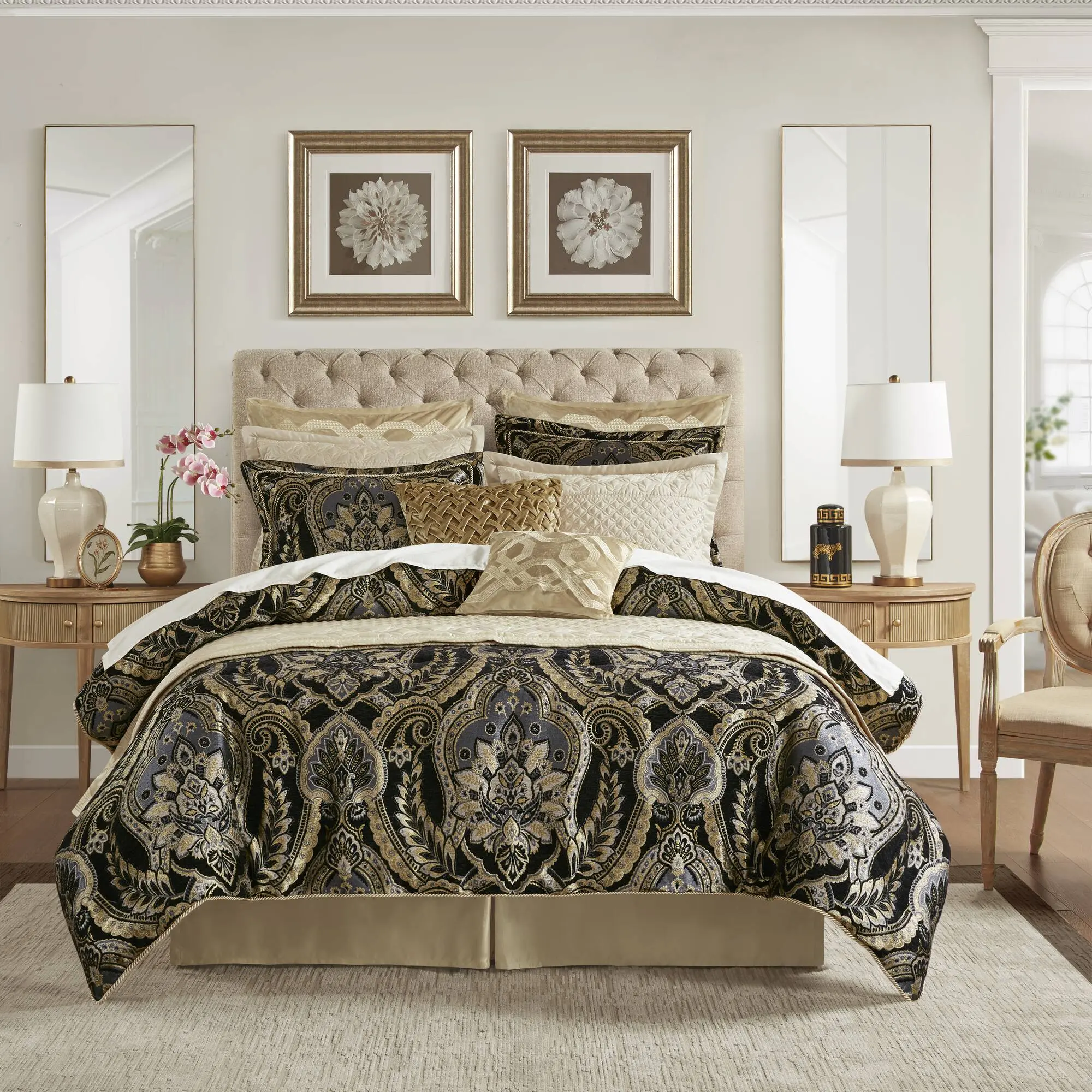 Queen Comforter Set 4-Piece Bedding Ensemble with Chenille Jacquard, Damask Design, 2 Shams and Bed Skirt, Multicolor Polyester, Dry Clean/Machine Wash Options, for Bedroom Guest Room Dorm
