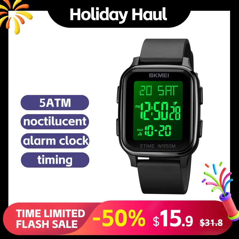 SKMEI Fashionable Couples' Watches - 5ATM Waterproof Rectangular Sports Electronic Watch with Hardlex Glass, PU Strap, Alarm, Stopwatch Timing, LED Light, Weekly Time Display, Fashionable Watches