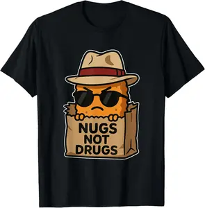 100% Cotton Nugs Not Drugs Funny Cartoon Chicken Nugget Meme Pun T-Shirt