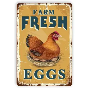 Chicken Farm Fresh Eggs Tin Sign - Vintage Metal Farmhouse Kitchen Country Yard Home Decor Restaurant Farm Outdoor Decorative - 12X8 Inch Funny Wall Sign