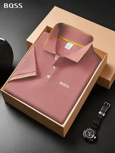 Men's Classic Young Fashion Casual Comfortable Micro Elastic Straight Tube Sleeves Polo Shirt, Trim Design, Golf Running Breathable