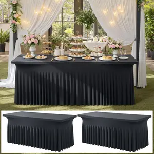 2-Pack White Spandex Fitted Skirted Table Covers for 6/8FT Rectangle Tables, Wrinkle-Free Household Textiles for Home Decor, Parties & Weddings