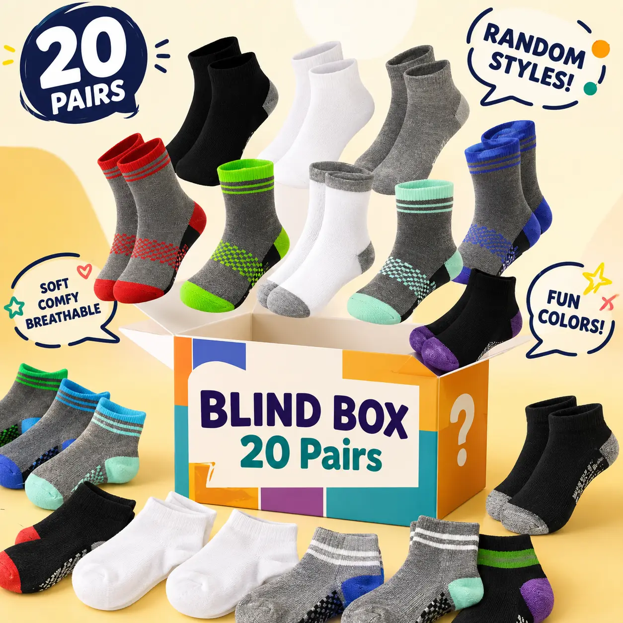 TPHON Boys' Casual Stylish Socks Blind Box - 20 Pairs, Elastic Knitted Fabric, Easy Flexibility, Outdoor Play Suitable, for Ages 1-14, Random Styles, Elastic Knitted Fabric Flexes Easy, Outdoor Play Ready,back to school