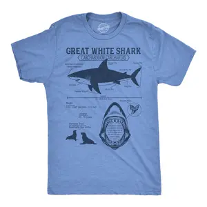 Mens Funny T Shirts Great White Shark Infographic Sarcastic Shark Lovers Tee For Men Mens Funny T Shirts Cool Vintage Fashion T-Shirt Gift Classic Menswear Shark Apparel for Men Funny Animal Short Sleeve Light Blue