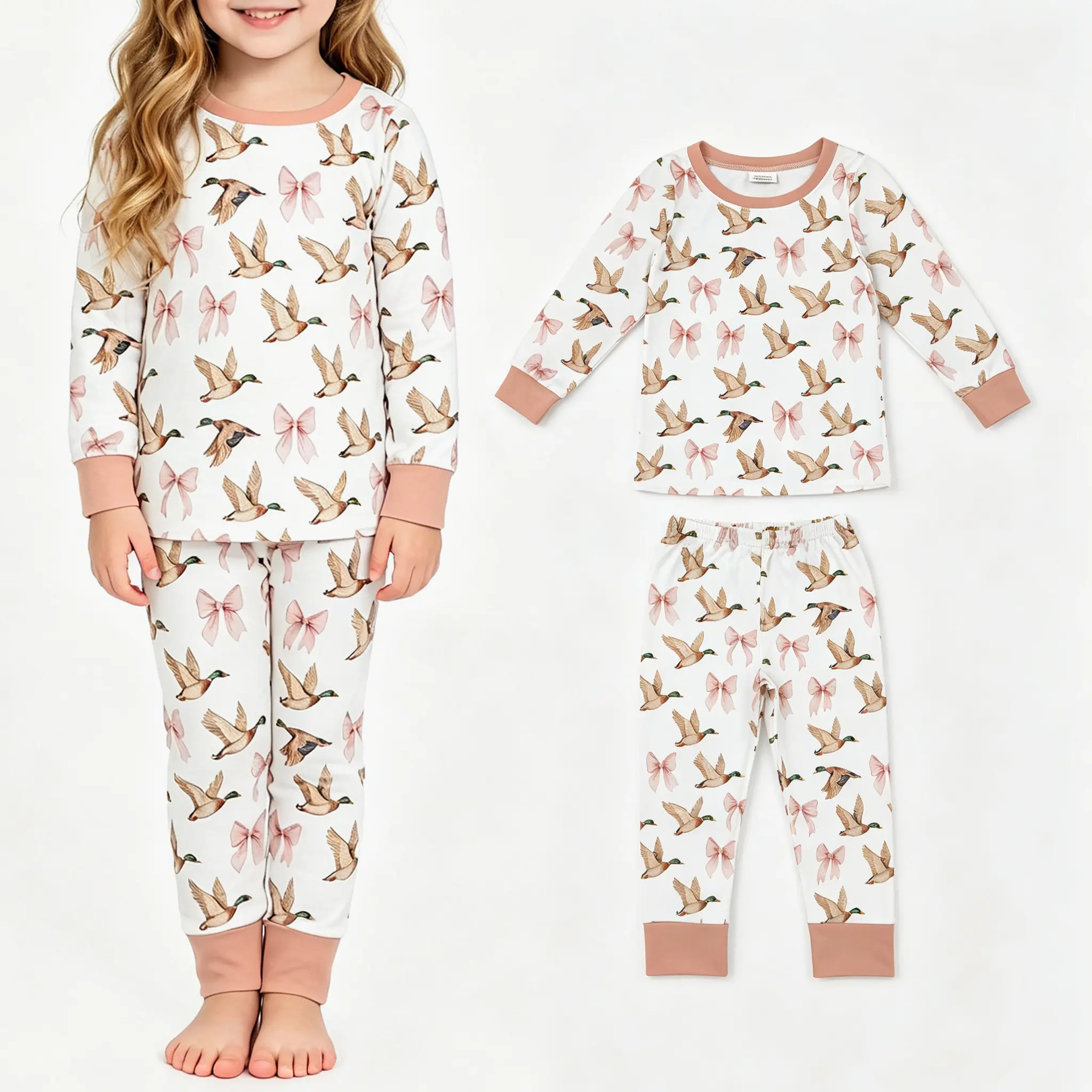 Girls' Washed Pink Mallard Long Sleeve Pyjama Set - Cute Duck Print Cozy Winter Sleepwear, Child Size Pajama Sets