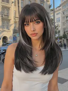 20 Inch Ombre Layered Straight Wig with Bangs, Synthetic Hair for All Ages, Natural Comfortable Women's Wig, Natural Looking Wig