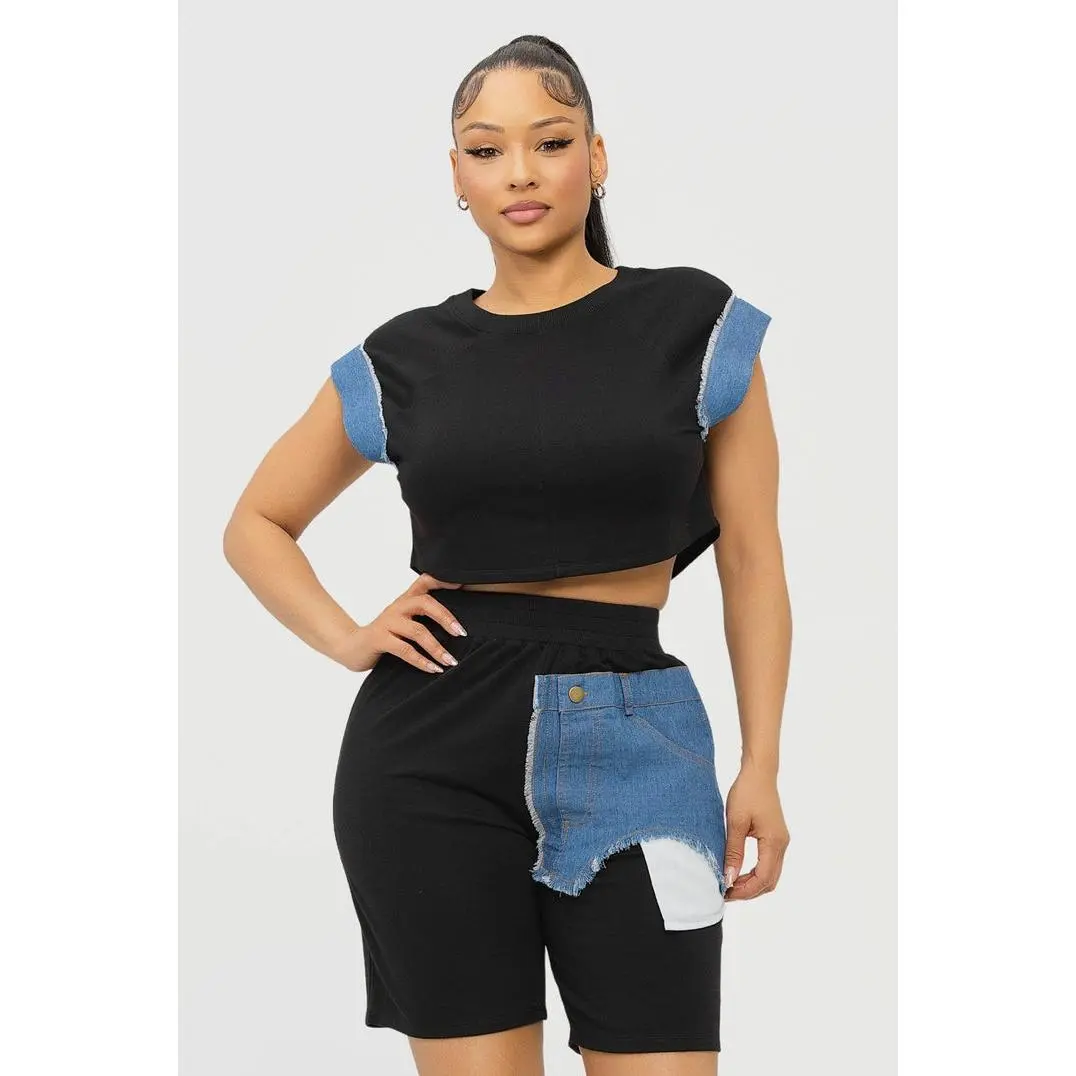 Women's Denim Patch 2-Piece Set - Casual Short-Sleeve Crop Top and High Waist Stretch Biker Shorts Outfit, Women's Clothes, Cropped Top, Everyday, Comfortable, Women's 2 Piece Set