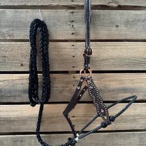 Black Honeycomb Tooled Lariat & Leather Combo Halter Adjustable Horse Size 