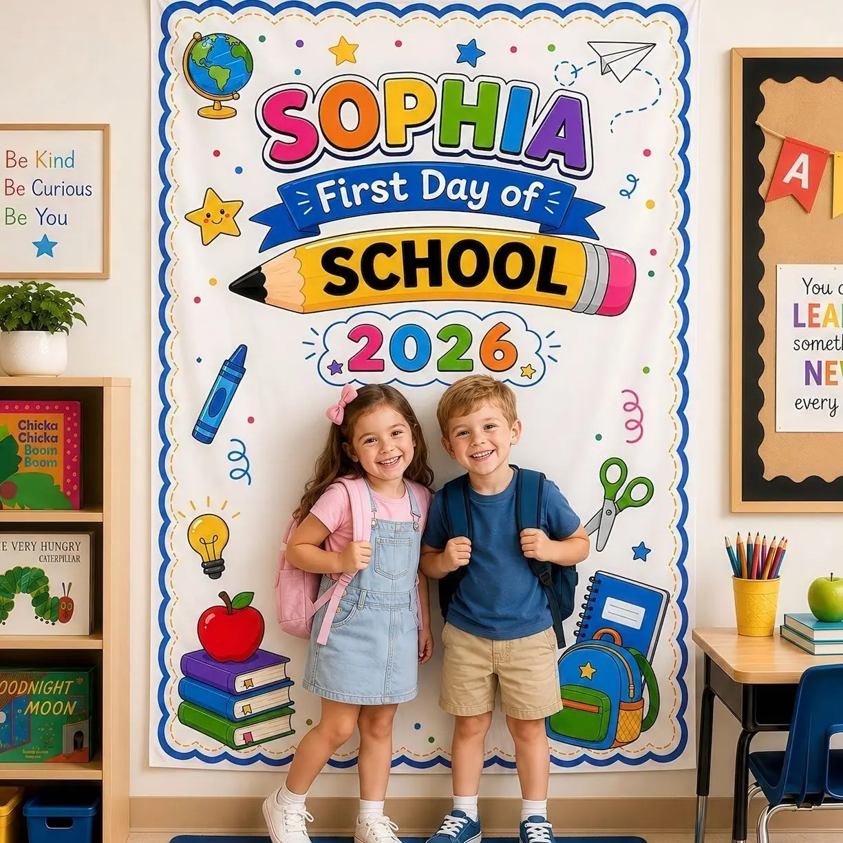 Personalized First Day of School Banner, Custom Name Back to School Photo Backdrop, School Tapestry for Preschool Kindergarten