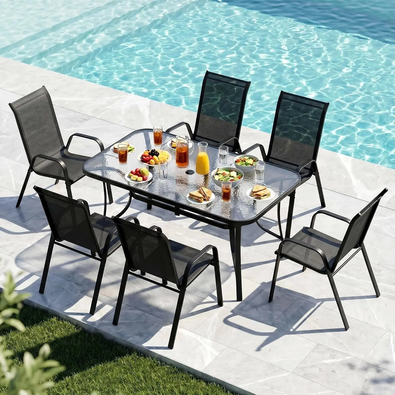 【2 Packages】MAMIZO 7 Pcs Outdoor Table and Chairs for 6, All Weather Dining Set W/Rectangle Glass Table & Textilene Stackable PVC-coated Polyester Chairs, Patio Conversation Set For Garden Lawn Deck Backyard Decor Porch Furniture【tiktokshopsummersale】 hom