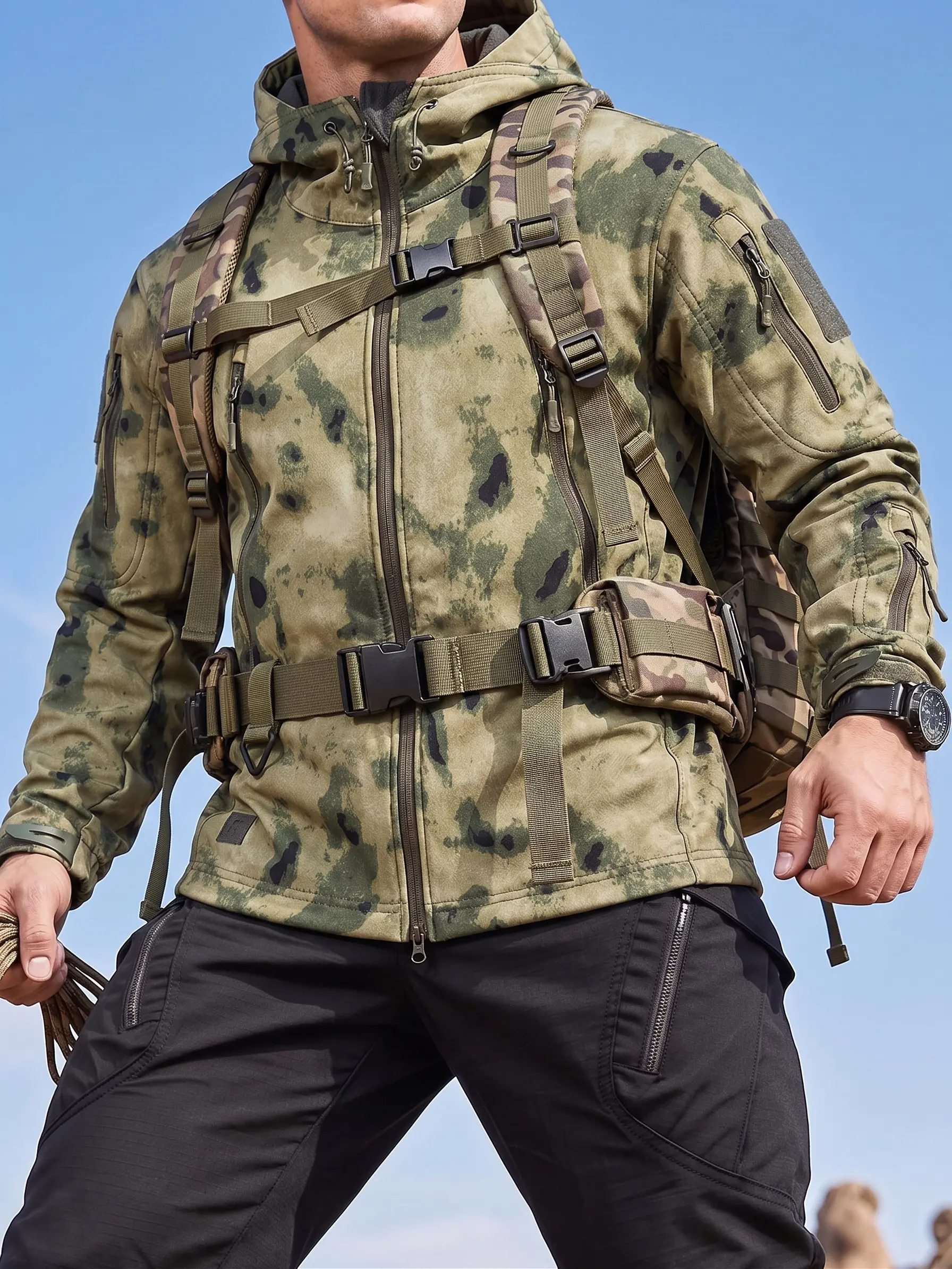 Men’s camouflage tactical softshell hooded jacket with full zipper, windproof and waterproof, multi-pocket outerwear suitable for outdoor hiking, camping, hunting, fishing, and mountaineering travel.
