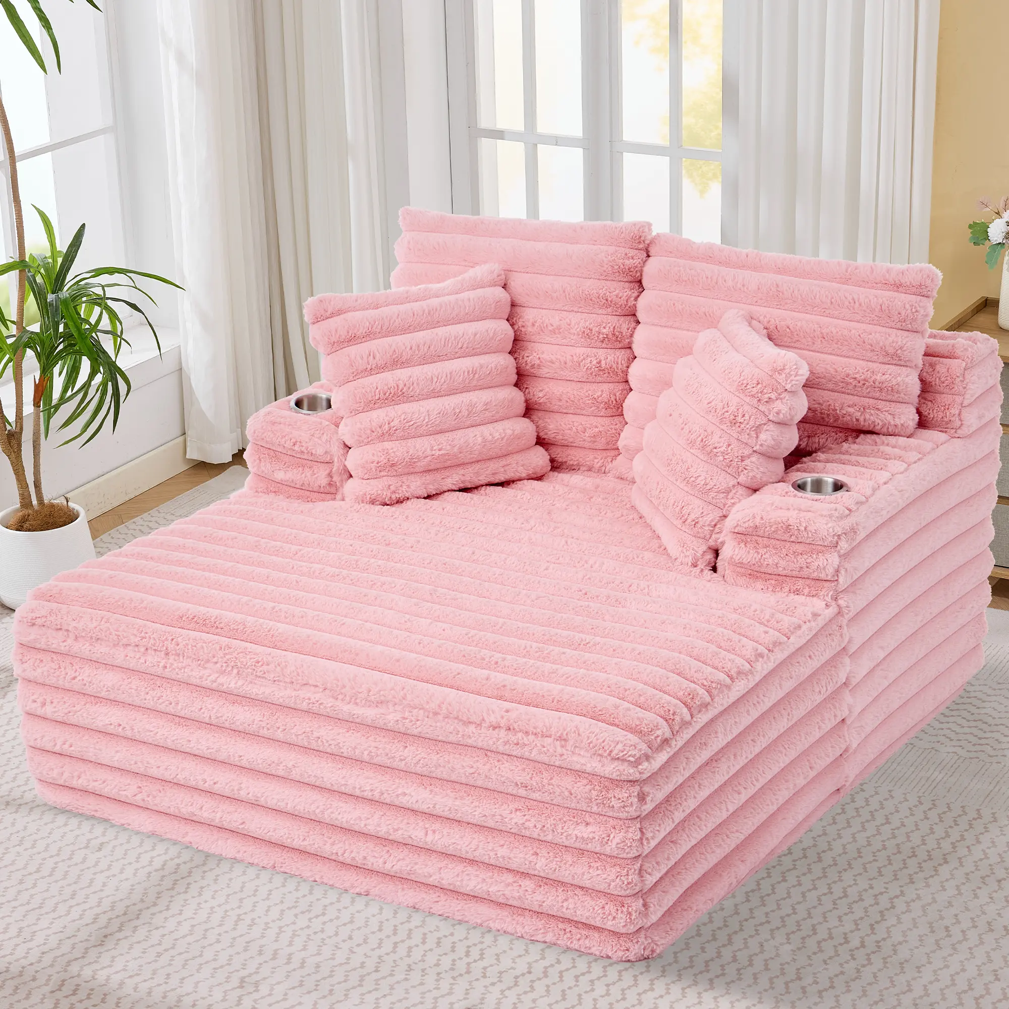 Oversized Striped Corduroy Chaise Lounge Chair with Cup Holders，Boneless Comfy Sofa Chair for Living Room, Bedroom, Apartment, No Assembly Needed