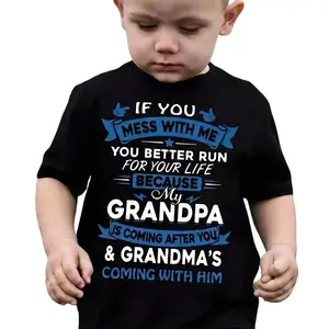 Boys Casual Crew Neck T-Shirt, Polyester Knit Fabric with Slight Stretch, Alphabet Pattern, Regular Fit, with Grandparent Warning Graphic, for Children Aged 12 and Under, Spring/Summer Top "GRANDPA"