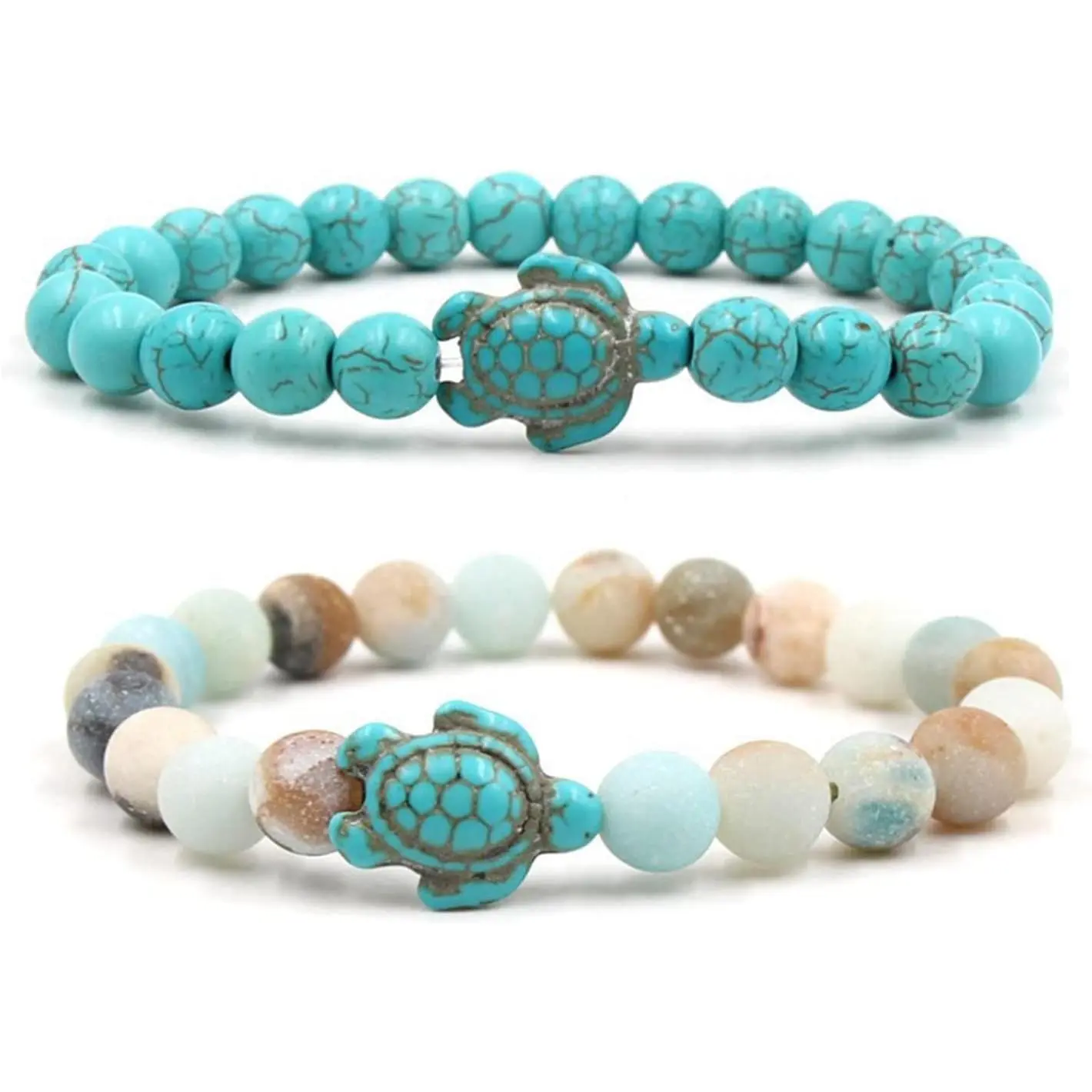 Unisex Adults' 8mm Sea Turtle Synthetic Stone Beaded Bracelet Set - Lava Stone, Turquoise Stretchy Elastic Bracelets for Summer Beach Wear, Modern Meditation (Fashion Costume Jewelry), Sea Turtle Design, Turtle Motif