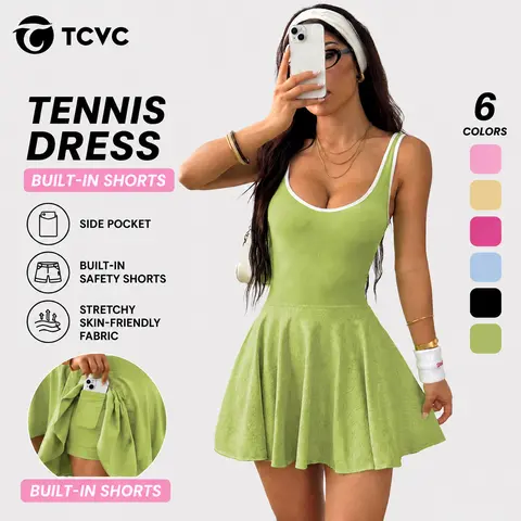 TCVC Women's Cross RacerbackSports Dress With Pockets, Fitted Solid Criss-CrossBackless Tennis Dress, Breathable Fabric For Indoor &Outdoor Yoga, Slimming Silhouette, Suitable for Spring & Summer Wear
