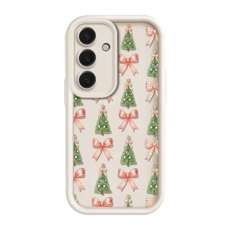 Christmas Tree and Bow Pattern Phone Case, Suitable for Samsung S25/S24/S23/S22 Plus Ultra, Fashionable Trendy Style, Dirt-Resistant Durable Lightweight, Shockproof Protection, Matte Texture, Elegant Luxury Gift New Product Cellphone Protector