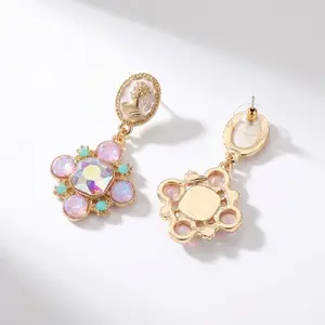 Women's Vintage Cameo Portrait Dangle Earrings - 14K Gold Plated, 925 Silver Needle, Iridescent Colorful CZ Drop Retro Elegant Costume Jewelry