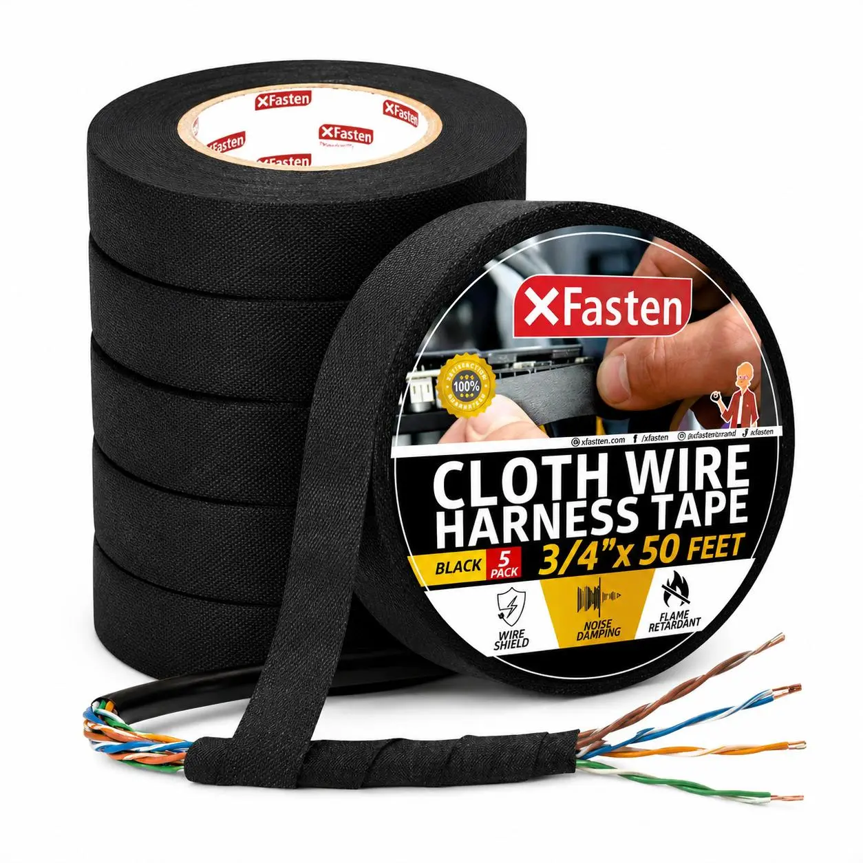 XFasten 5-Pack 3/4-Inch x 50-ft Wire Harness Tape, High-Temp Self-Adhesive Felt Cloth Electrical Tape for Automotive Engines, Noise Dampening, Cable Protection