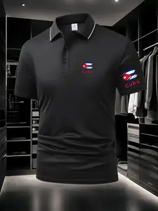 New Men's Cuba Flag Polo Shirt - Dual Chest & Sleeve Prints, Breathable Fabric, Ideal for Daily, Outdoor & Business, Summer Top