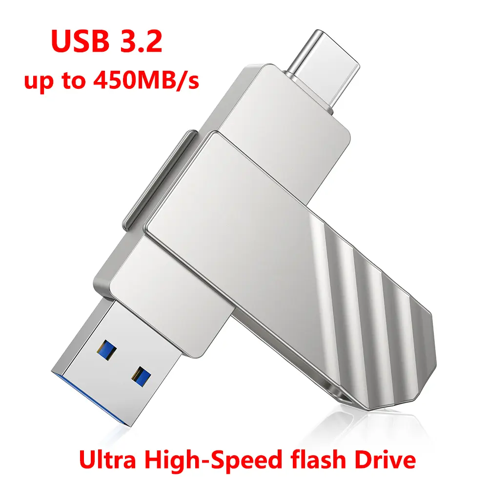 KOOTION USB C Flash Drive 1TB/512GB/256GB/128GB USB 3.2 Solid State Flash Drive Metal Memory Stick 2 in 1 OTG Portable USB C Pen Drive，Swivel USB Drive Type C Thumb Drive Up to 450MB/s Compatible with Smartphone, Silver