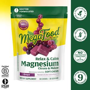 MegaFood Relax + Calm Magnesium Complex with Magnesium Citrate & Malate for Heart Health, Muscle Tension & More – Doctor Formulated - Vegetarian – Grape Flavor - 60 Soft Chews (30 Servings)