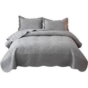 Marcielo 3-Pcs 100% Cotton Oversized Quilt Bedspread Set Embroidery T Noble Grey King