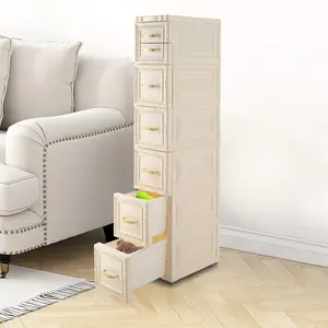 6 Tier Storage Cabinet with 7 Drawers Rolling Narrow Dresser Tower Stand Slim Plastic Storage Organizer Elegant Storage Chest for Bedroom Bathroom Entryway Dorm Small Spaces, Beige