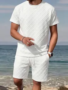 Men's Premium Beach Resort Two Piece Set - Crew Neck Diamond Textured Short Sleeve T-Shirt & Drawstring Waist Shorts Lightweight Breathable Summer Casual Wear men 2 piece sets