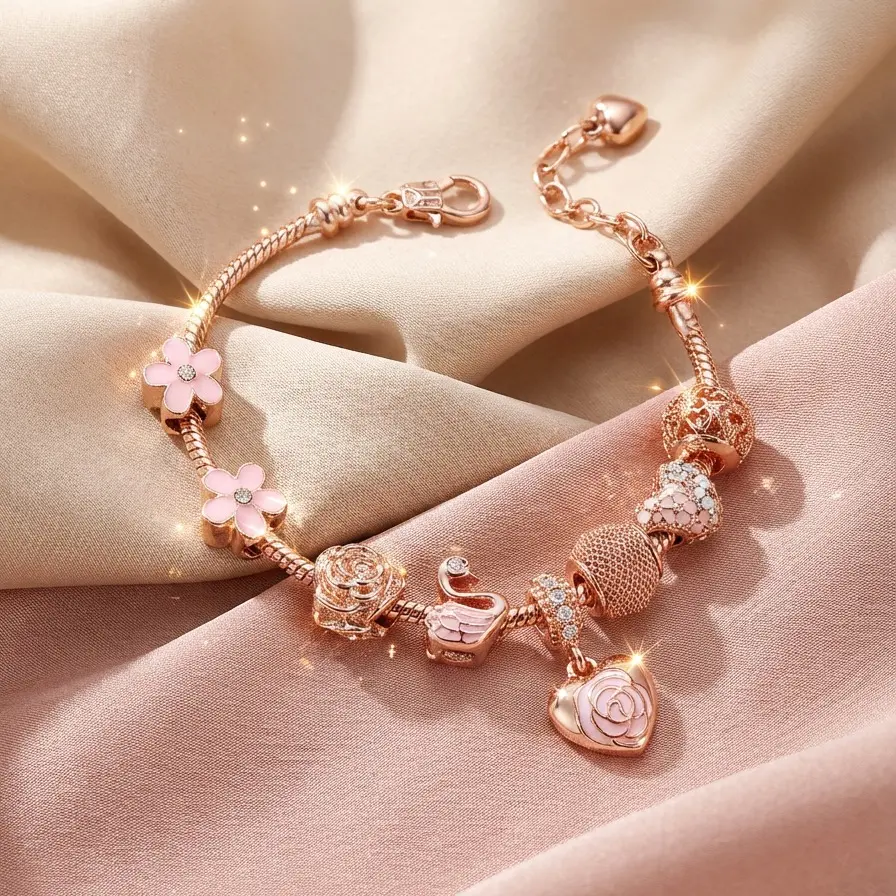 Girly Adjustable Link Charm Bracelet - Heart Shaped, Floral Charm Design, Exquisite Beaded Iced-Out Costume Jewelry for Daily, Party Wear, Heart Shaped Bracelet, Floral Charm Bracelets