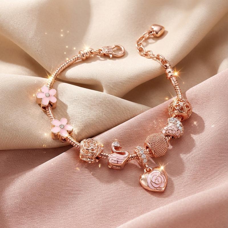 Girly Adjustable Link Charm Bracelet - Flower Design, Heart-Shaped Beaded Bedazzling Bejeweled Costume Jewelry for Daily, Party Wear, Floral Hearts, All Seasons Bracelets & Bangles