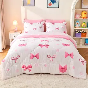 7 count Pink Bow Bedding Set for Girls  Full Size Comforter Set with Sheet and 2 Pillowcases 2 Pillow Shams Cute Girls Bed in a Bag as Birthday Choice