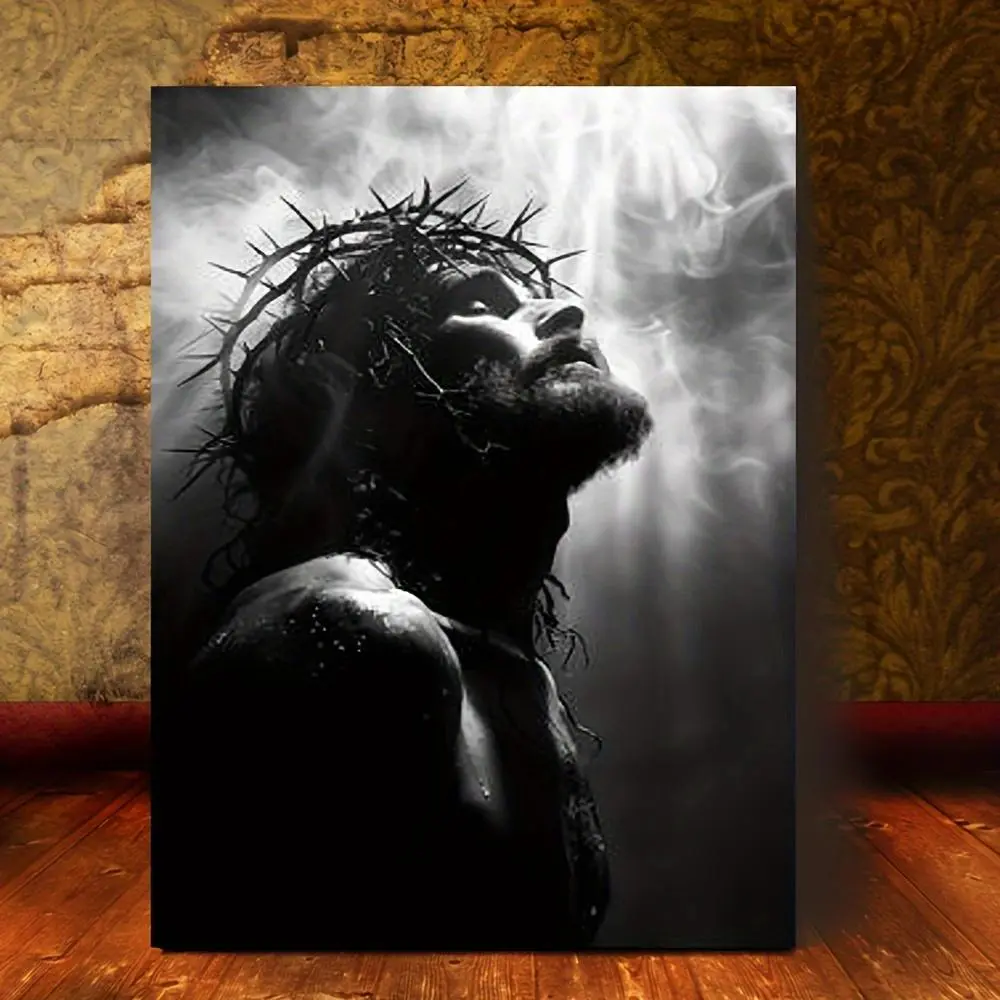 1pc Framed Jesus Canvas Wall Art - Black & White Religious Painting with Crown Motif, 11.8x15.7in (29.97x39.88cm) Large Wood Framed Ready-Hung Home & Church Decor, Inspirational Gift for Christians