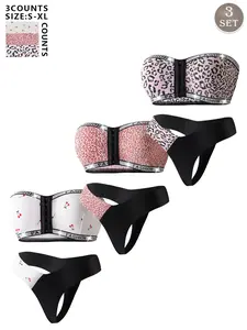 Women's Cherry & Leopard Print Bandeau Bra & Thong Set, Casual Soft Panties, Sexy Comfortable Breathable Underwear Set for Daily Wear, Women's Underwear Set for All Seasons