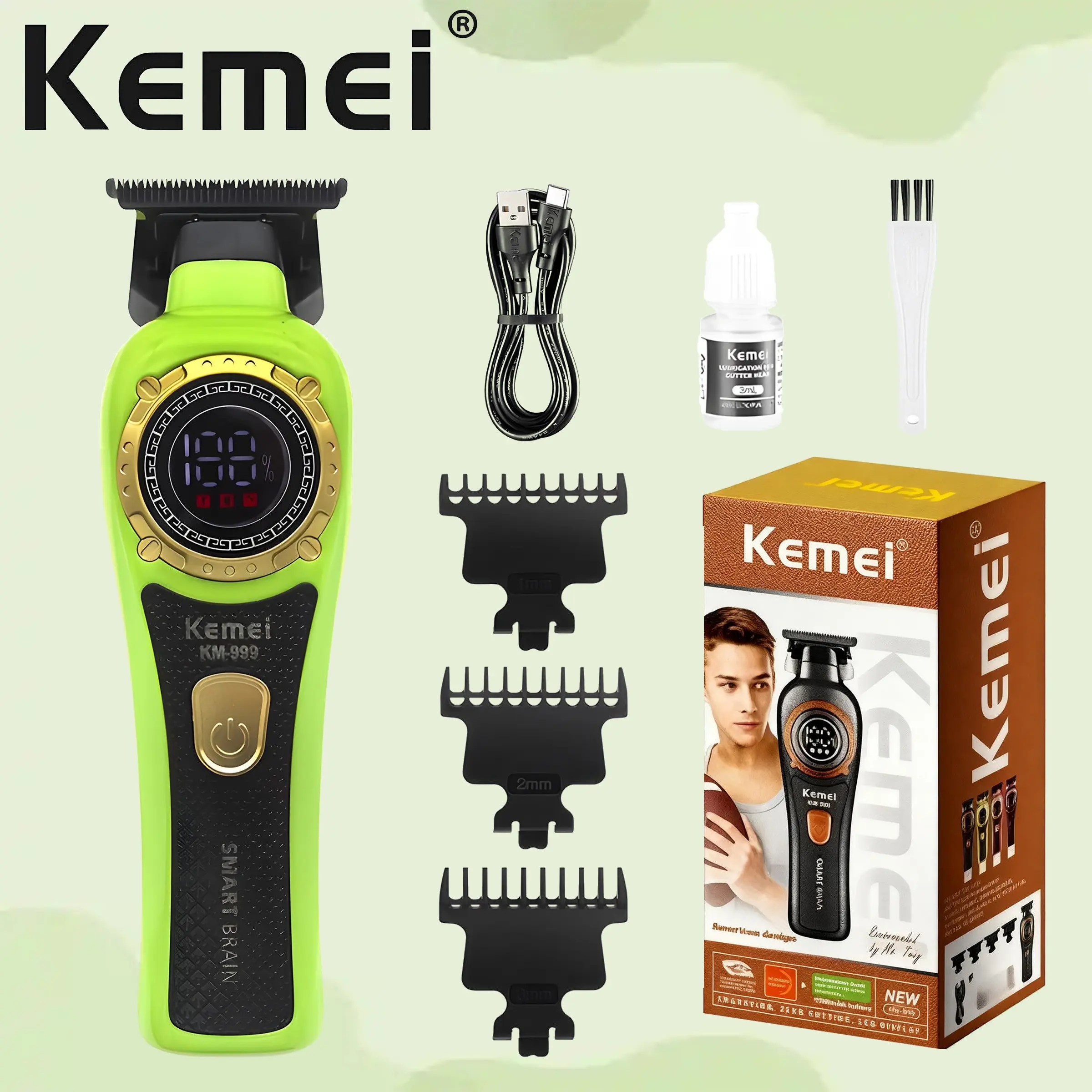 Kemei Km-999 Professional Hair Trimmer, Strong Motor + Sharp Blades, Streamlined Design, Home & Salon Use, Wireless USB Fast Charging, Rechargeable Hair Trimmer, Hair Clipper Trimmer, Cordless Barber Clipper