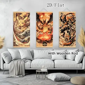 [2D-Flat]3pcs Exquisite Posters Canvas Wall Art Anime Wooden Scroll Hanging Painting, With Wooden Ord Art Decor HD, Pattern for Living Room, Best Gift for Friends, Indoor-Outdoor Decor, Ink HD Fade-Resistant Art