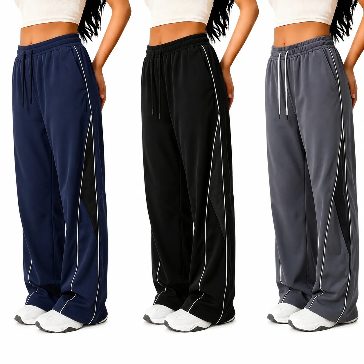 Women’s 3-Pack Polyester Elasticized Fabric Lightweight Stretchy Loose Wide-Leg Sports Pants - Elastic Waist Drawstring, Side Stripes, Colorblock Design, for Spring/Summer, Urban Streetwear, Casual Lounge, Drop Pants, Urban Streetwear Pants
