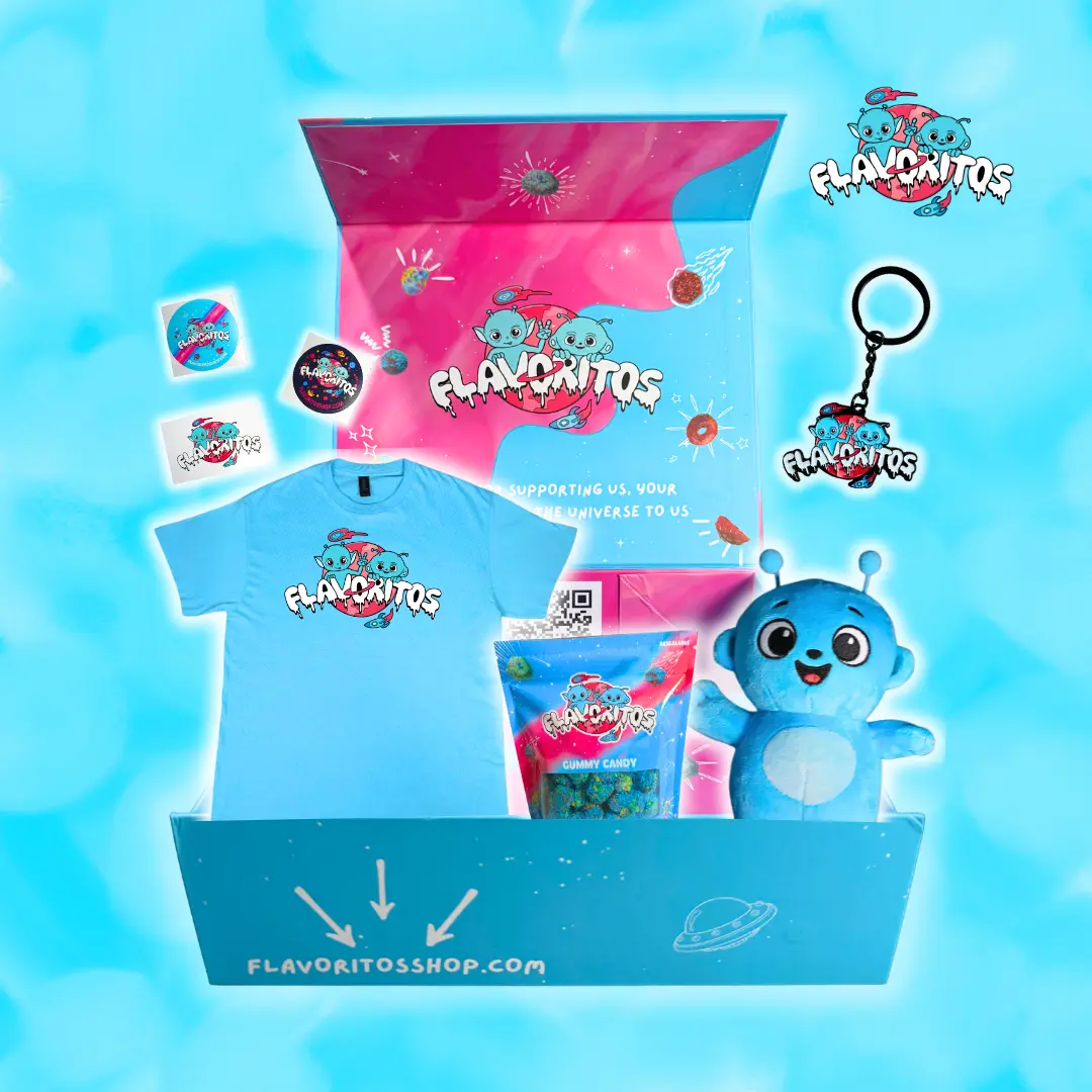 Flavoritos Deluxe Box - Ultimate Flavor Experience with T-Shirt, Stickers, Plushie & Candy Bags - Perfect for Holidays Birthdays or Self-Treatments